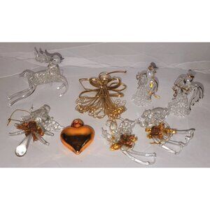 Set Of 8 Handcrafted Glass Christmas Ornaments - Reindeer Angels Heart & Gold Wi